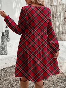 EMERY ROSE Casual Minimalist  Red Plaid Print Pattern Elegant Women's Mid-Length Dress, Suitable For Autumn/Winter, Party, - Red - View 2
