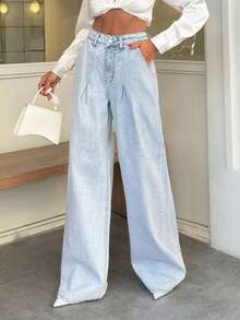 SHEIN Tall Tall 100% Cotton HIGH WAIST WIDE LEG VINTAGE JEAN Baggy Jeans Y2k Loose Jeans Wide Leg Jeans - Medium Wash - View 6