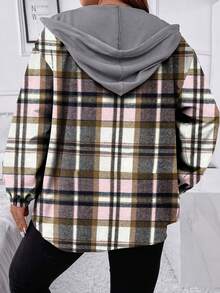 Flirla 大碼格紋落肩袖抽繩連帽夾克 - 淺粉色 - 查看 2