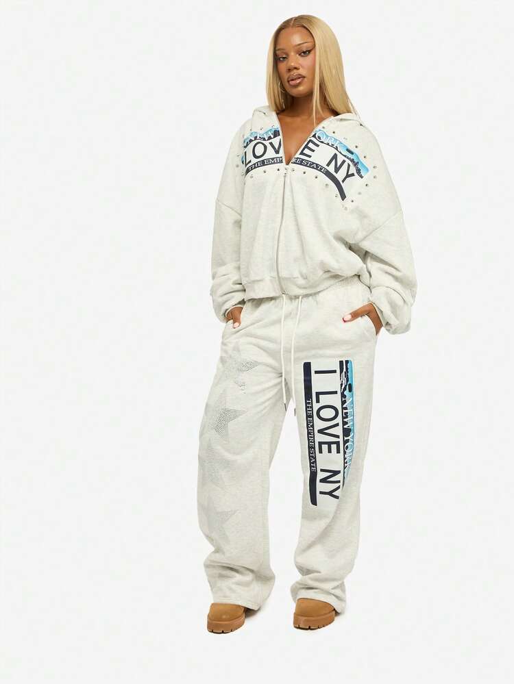 뉴욕 러브 스터드 장식 지퍼업 후드 티셔츠