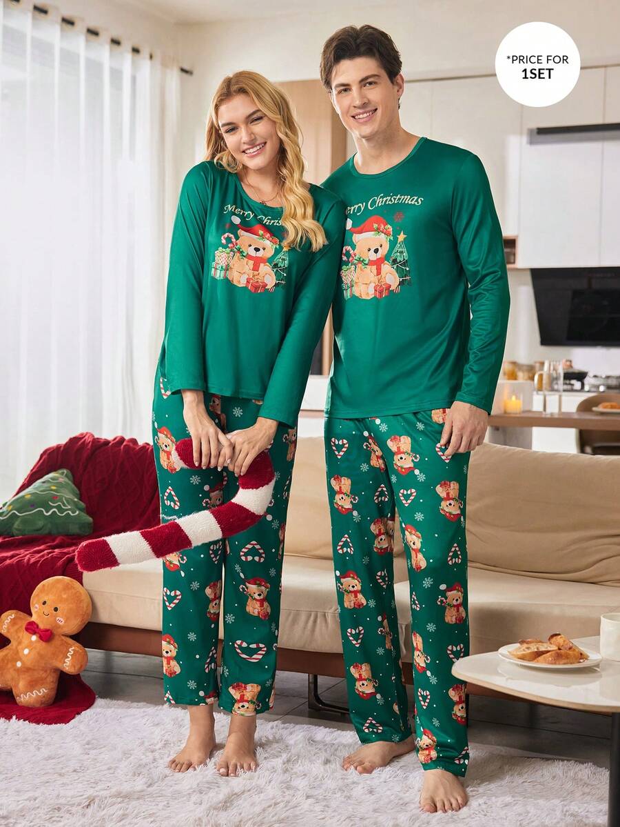 圣诞糖果和可爱小熊印花撞色长袖上衣和裤子男士睡衣套装秋冬服装