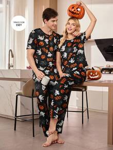 CoupledUp Halloween Pumpkin & Letter Print Crew Neck Short Sleeve Top And Pants 2 Pieces Pajama Set - Multicolor - View 7