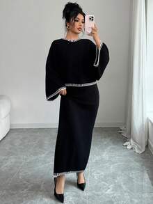 SHEIN Elenzya Damen Locker Lässig Fledermausärmel Top und Farbblock Rock 2 Stücke Strickset, Herbst/Winter - Schwarz - Übersicht 6
