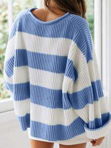 SHEIN EMERY ROSE CURVE Plus Size Casual Colorblock Striped Plus Size Sweater, Autumn/Winter - Blue - View 2