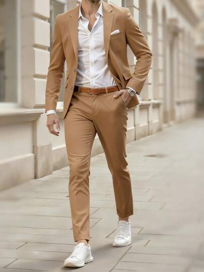 Manfinity Bizformal Conjunto de chaqueta y pantalón de traje de unicolor con botones delanteros de manga larga para hombre