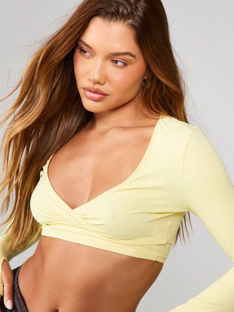 Missguided x Playboy Long Sleeve Ruched Crop Top V-Neck Athletic Fitness Training Activewear Exercise Gym Yoga Performance Pullover Compression Sportswear