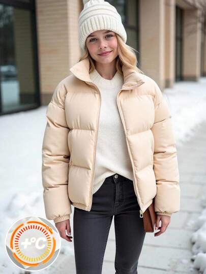 SHEIN 少女卡其色纯色连帽拉链长袖夹克，冬季，Y2K，街头服饰