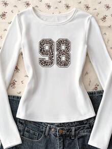 SHEIN T-shirt à manches longues pour adolescentes, col rond en tricot, doublure thermique, imprimé léopard et numéro graphique, blanc, automne/hiver - Blanc - Voir 3