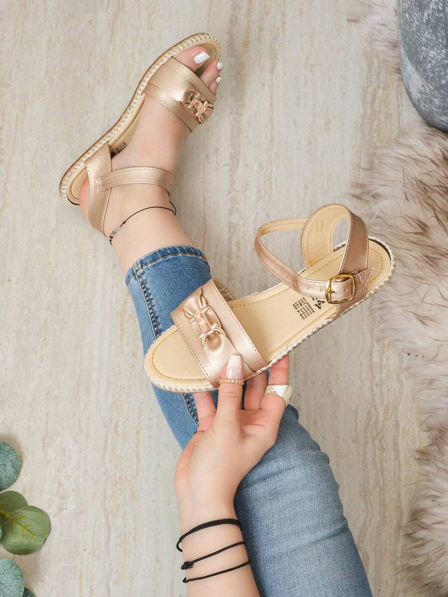Sandalias Planas de Suela Tipo Yute Varios Colores Para Dama Estilo JOSELIN100 Detalle Cinturón Hebilla al Tobillo - Oro rosa - Ver 1