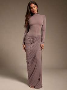 Hauture Sexy Ruched Mock Neck Maxi Dress – Stretch Jersey Asymmetric Long Sleeve Bodycon Gown For Night Out & Holiday - Bold Plum - View 3