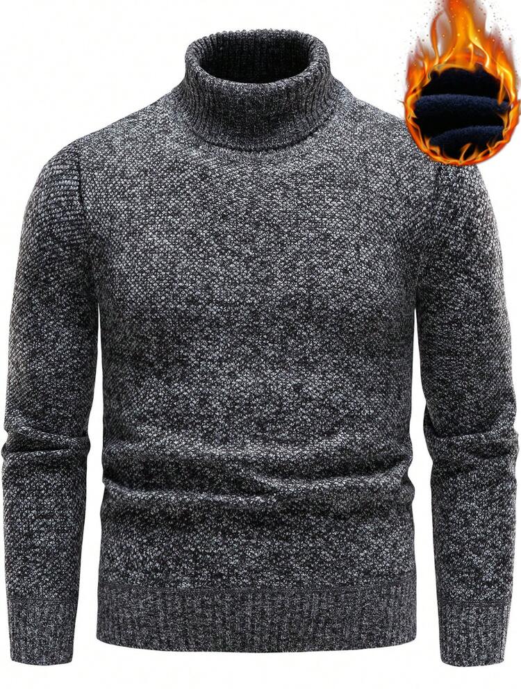 Men Turtleneck Thermal Lined Plain Casual Pullover Long Sleeve Sweater, For Going Out, Husband , Fall Winter
