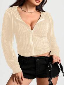 Calvaya Plus Size Women's Casual Everyday Commute Simple Solid Color Ribbed Zip-Up Drawstring Hooded Cropped Sweatshirt, Spring/Autumn - Apricot - View 3