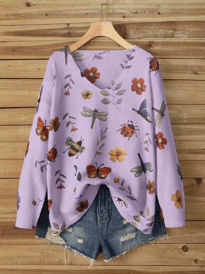 EMERY ROSE Women's Solid Color Knitted V-Neck Printed Loose Pullover Sweater, Suitable For Halloween, New Year, Valentine's Day, Thanksgiving, Christmas, Easter, Parties, New Year's Eve