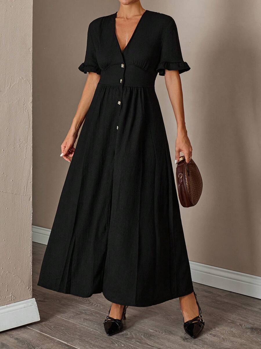 EURMUSE Solid Color Ruffle Trim Dress For Women, Button Front - Black - View 1