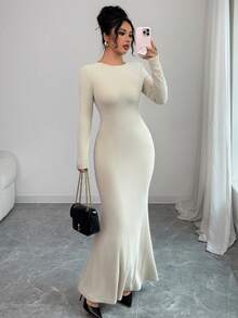 SHEIN Elenzya Women's Ribbed Knit Dress With Bow Back Detail, Elegant For Autumn/Winter - Apricot - View 3