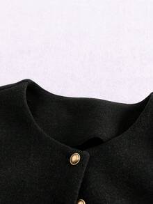 Franclia 时尚法式优雅短款棕色圆领长袖女士大衣，秋冬 - 黑色 - 查看 3