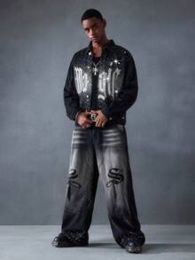 ROMWE MEN Street Life 男士水钻装饰印花长袖牛仔夹克 - 黑色 - 查看 6