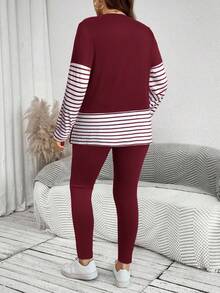 SHEIN LUNE 秋季大码休闲条纹拼布上衣和裤子两件套 - 酒紅色 - 查看 2