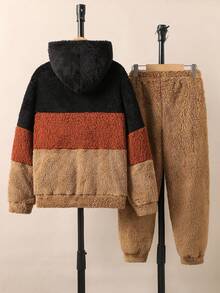 2pcs Tween Boys Casual Fleece Patchwork Contrast Color Hoodie Sweatshirt And Solid Color Sweatpants Set, Autumn/Winter - Brown - View 2