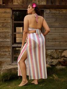 SHEIN Plus Size Contraste Cor Vintage Sem Mangas Decote em V Profundo Decoração com Anel de Metal Oco Saída de Praia Moderna