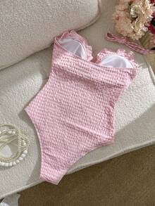 Swim Mod Women's Fashionable & Cute Beachwear, Special Fabric Plaid Flounce Halter Mod One-Piece Swimsuit, Suitable For Resort, Party, Yacht, Spring/Summer - Pink - View 3