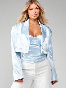 MISSGUIDED Satin Kurzblazer mit langen Ärmeln, Knopfverschluss, formeller Büro-Revers-Jacke - Blau - Übersicht 5