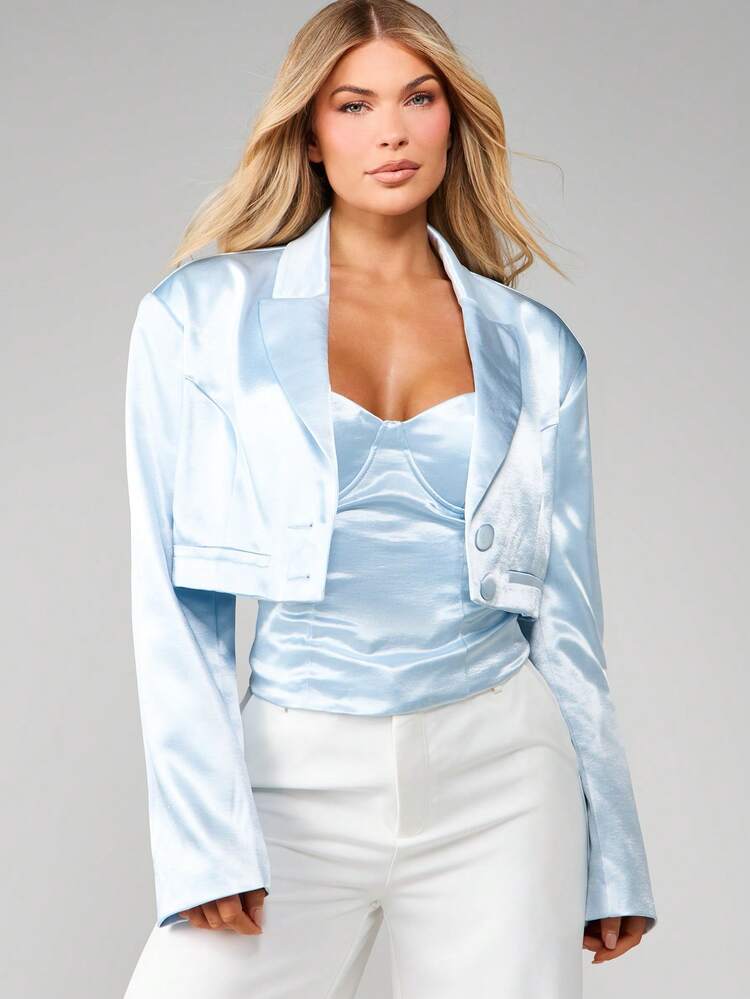 MISSGUIDED Satin Cropped Blazer Long Sleeve Button Front Formal Office Lapel Jacket