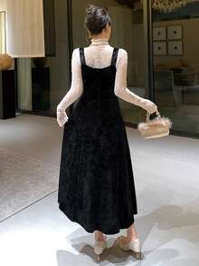 DAZY Fashionable Velvet Jacquard Bow Decor Mid-Length Dress For Women Elegant Women Dresses Prom Dress - Black - View 2