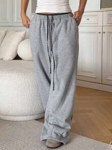 DAZY 女士格子拼接抽绳腰宽松保暖休闲裤，冬季款 - 灰色 - 查看 7