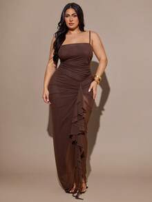 SHEIN BAE 大码女式棕色高开衩连衣裙 - 棕色 - 查看 2