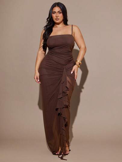 SHEIN BAE Vestido marrón con abertura alta para mujer de talla grande