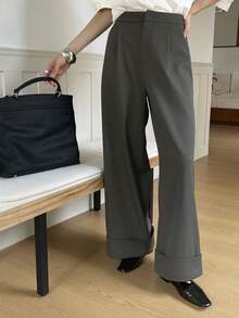 DAZY Women's Loose Wide Leg Pants With Cuffed Hem, Casual & Formal, Autumn/Winter - Grey - View 6