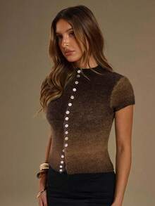 SHEIN BAE Damen Stehkragen Einreiher Lässig Regular Strickoberteil Herbst Winter Kleidung für Frauen - Kaffeebraun - Übersicht 7