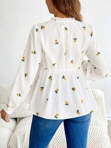 SHEIN Nursing Raglan Long Sleeve Ruched Stand Collar Sunflower All-Over Print Ruffle Hem Top