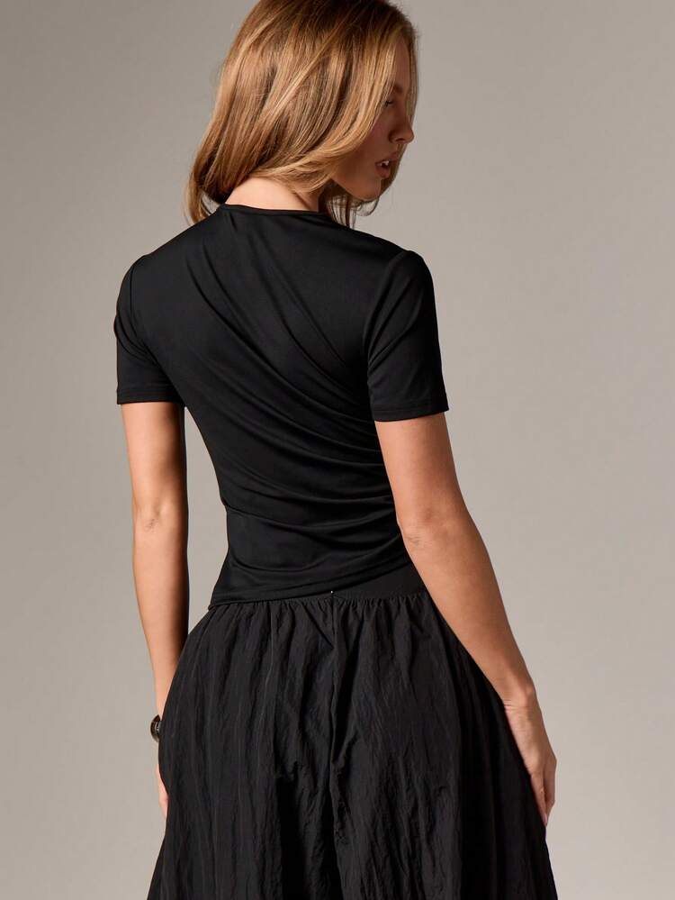 AiiRZ Tuck Detail Ruched Short Sleeve Crew Neck Fitted T-Shirt For Casual Everyday Wear