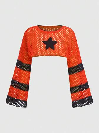 Fairycore Suéter corto de mujer con manga larga, estampado de rayas y diseño calado en forma de pentágono