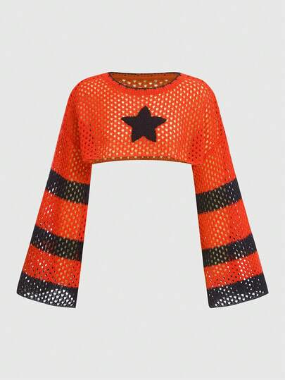 Fairycore Suéter corto de mujer con manga larga, estampado de rayas y diseño calado en forma de pentágono