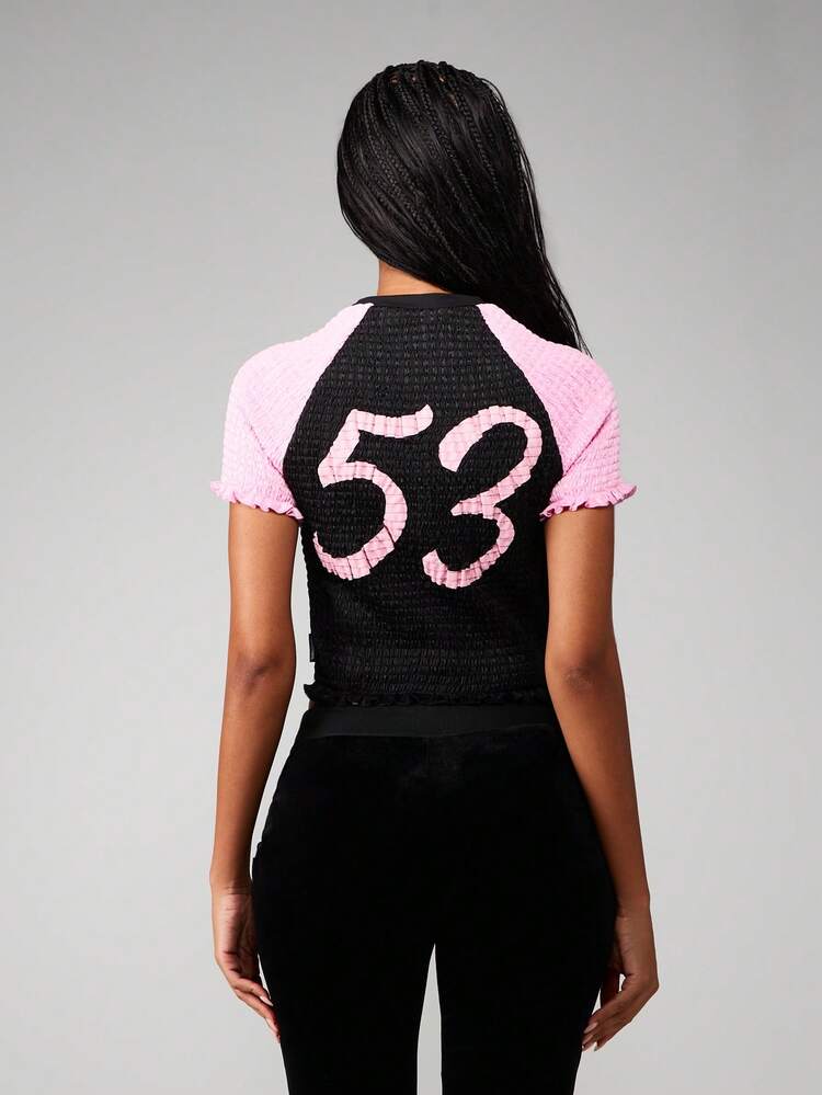 Missguided x Playboy Logo Shirred Crop Top With Contrast Raglan Sleeves And Back Number Print