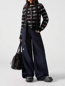 LYSMO 2025 New Arrive Minimalism Winter Black All-Over Print Button Front Casual Long Sleeve Cardigan Sweater Winter For Women New Year Look And Christmas For Women For Going Out, Streetwear, And Stockholm Style - Multicolor - View 4