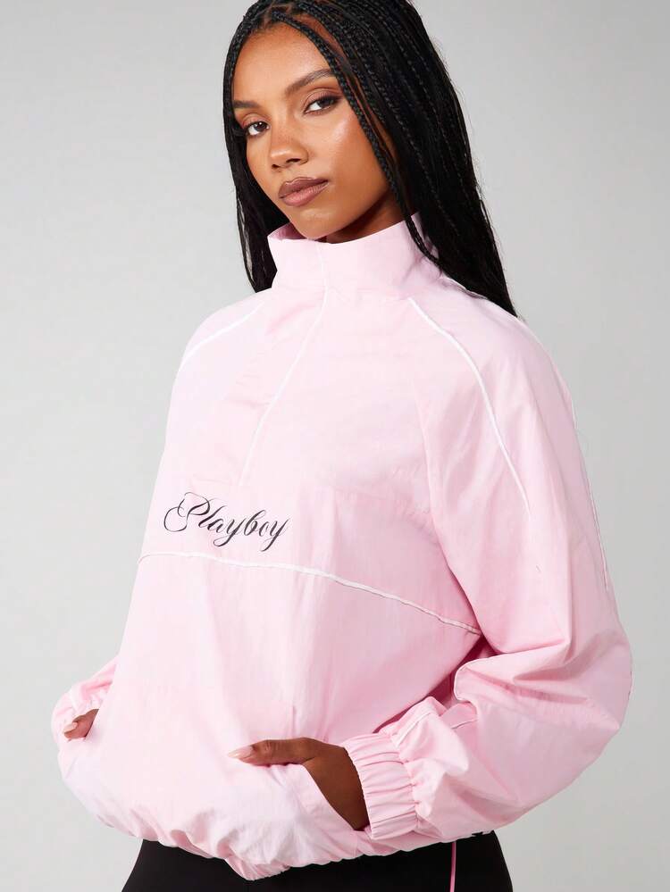 Missguided x Playboy Oversized Quarter Zip Pullover Jacket With Ribbed Cuffs And Hem