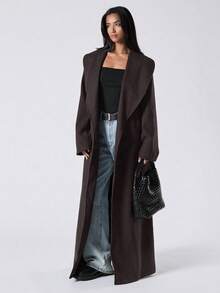 LYSMO Áo khoác dài tay màu nâu cà phê cho nữ thu đông, dáng rộng thoải mái, túi thắt lưng, thanh lịch, thoải mái, áo khoác len màu BBQ - Cà phê nâu - Xem 5