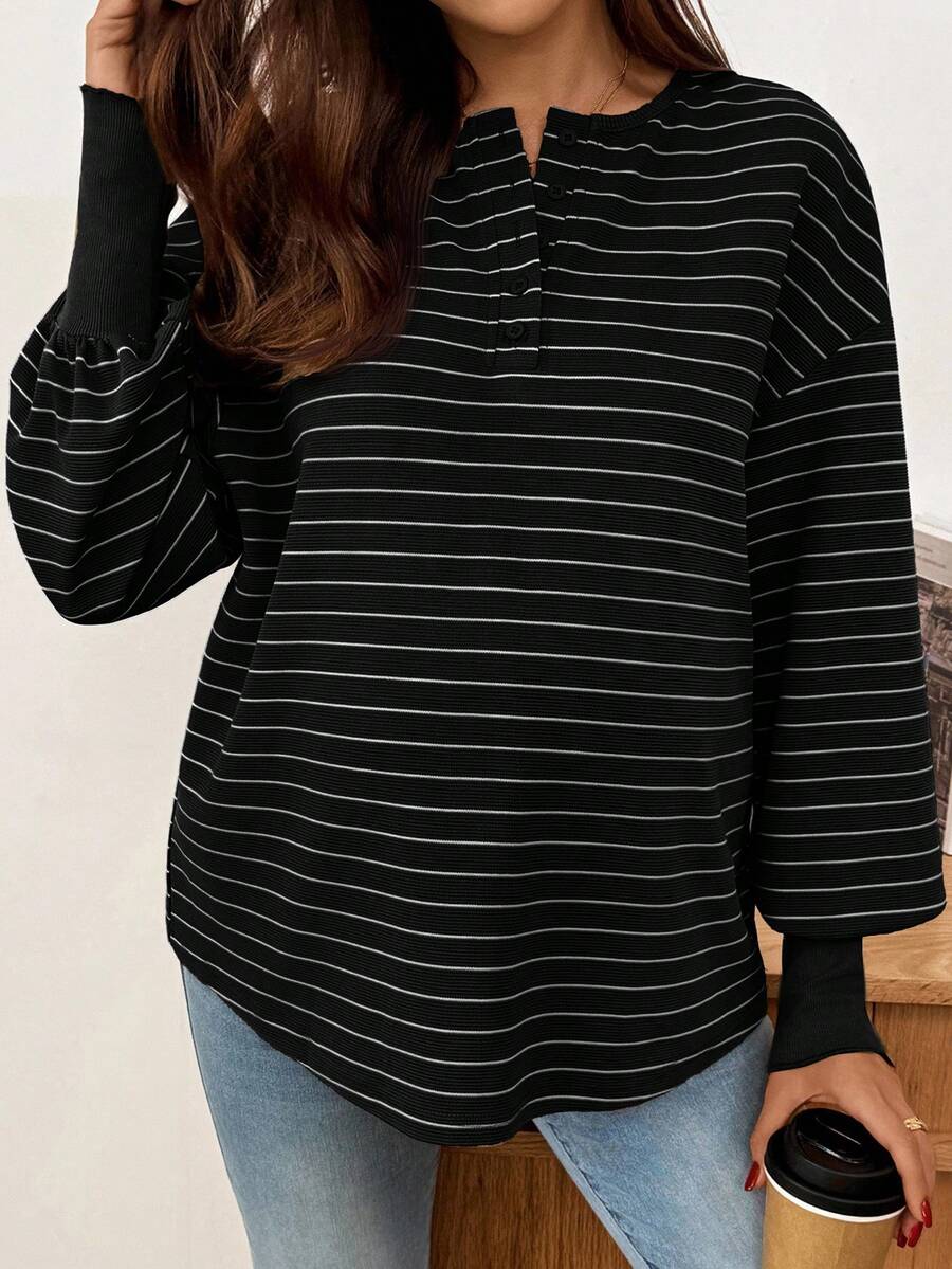 SHEIN 孕妇条纹纽扣半襟落肩长袖休闲T恤 - 黑與白 - 查看 1