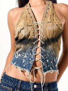 SUMWON WOMEN Vintage Acid Wash Halter Neck Lace Up Denim Crop Top Festival Summer Concert Distressed Boho Grunge Style - Blue - View 4