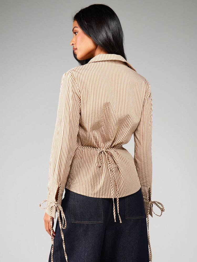 MISSGUIDED Striped Button Up Shirt With Tie Detail Long Sleeves Collared Blouse For Office Casual Spring