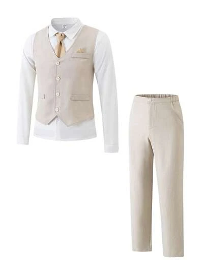 SHEIN 3 piezas Traje de caballero para adolescentes varones - Chaleco ajustado + Pantalones + Corbata, adecuado para fiestas, eventos, galas, actuaciones, cumpleaños, bodas, graduaciones y diversas ocasiones, para usar en todas las estaciones