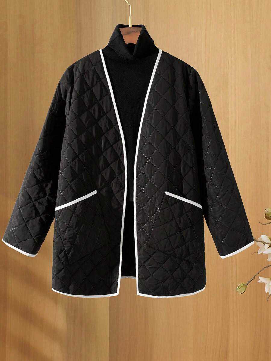 Linhara 大码女式撞色镶边菱形图案长袖休闲冬季夹克 - 黑色 - 查看 1