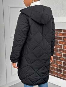 Tonårsflicka Casual Basic Vardags Hemkläder Diamantmönster Lång Vadderad Kappa, Varm För Höst/Vinter - Svart - Visa 2