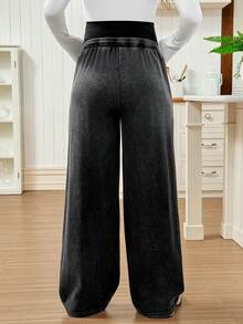 SHEIN 可调节腰部抽绳宽松阔腿裤，带口袋，休闲孕妇装，适合日常通勤 - 深灰色 - 查看 2