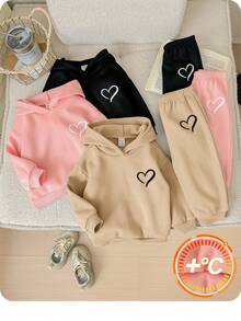 6pcs/Set Baby Girl Cute Solid Color Heart Pattern Hoodie Sweatshirt & Elastic Waist Pants, Autumn/Winter Fall - Multicolor - View 2