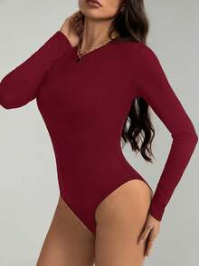 SHEIN Tall 女款純色極簡日常圓領長袖連身衣，秋季 - 酒紅色 - 查看 5